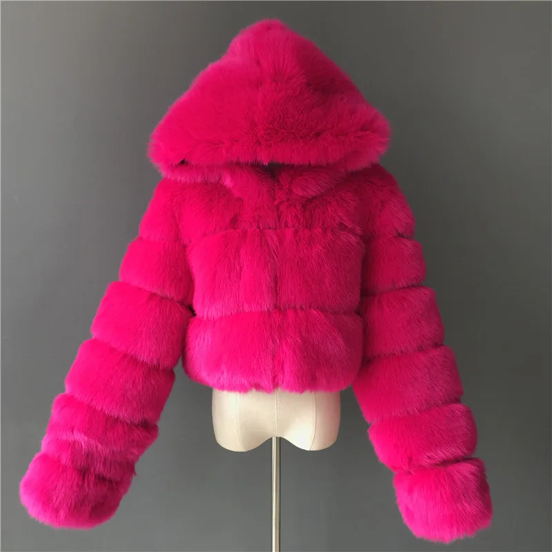 Hooded Faux Fur Cropped Jacket - Cozy Winter Coat - Brinxx Couture