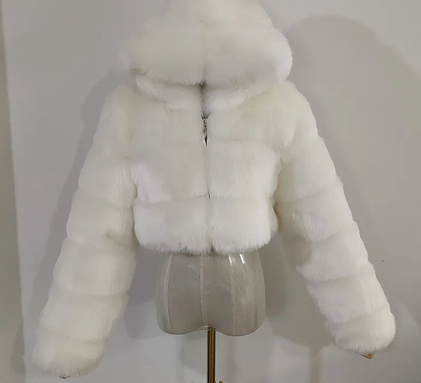 Hooded Faux Fur Cropped Jacket - Cozy Winter Coat - Brinxx Couture