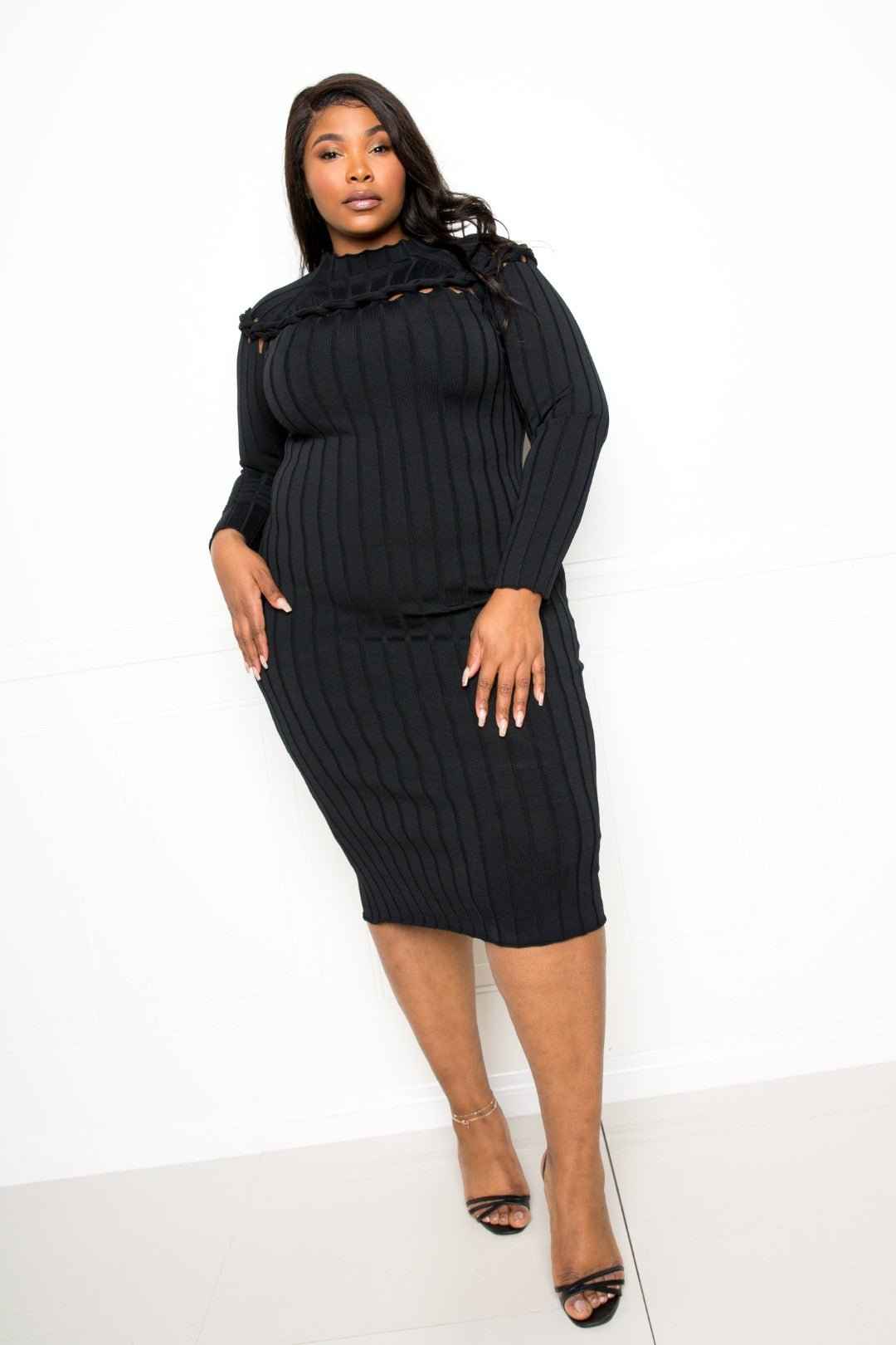 sexy black sweater dress Women Knitted Long Sleeved Sweater Dress Autumn Winter Sexy Slim Fit, Striped High Elasticity Female Vestidos Outfit - Black s