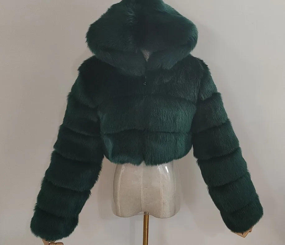 Hooded Faux Fur Cropped Jacket - Cozy Winter Coat - Brinxx Couture