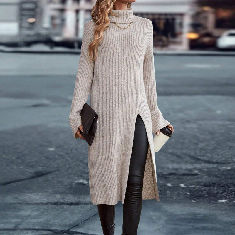 Turtleneck Long Sleeve Split Dress Sweater - Brinxx Couture