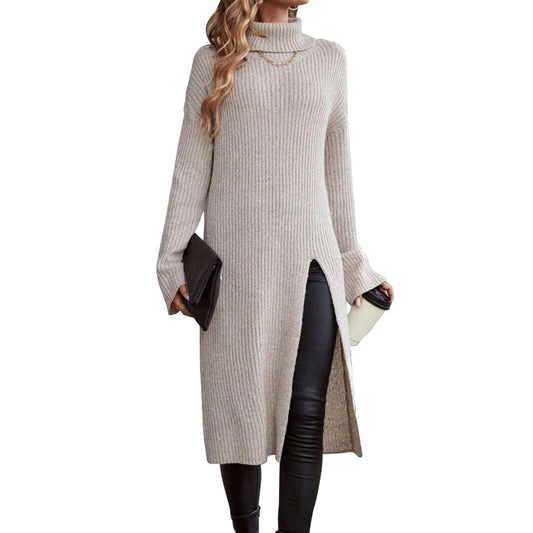 Turtleneck Long Sleeve Split Dress Sweater - Brinxx Couture
