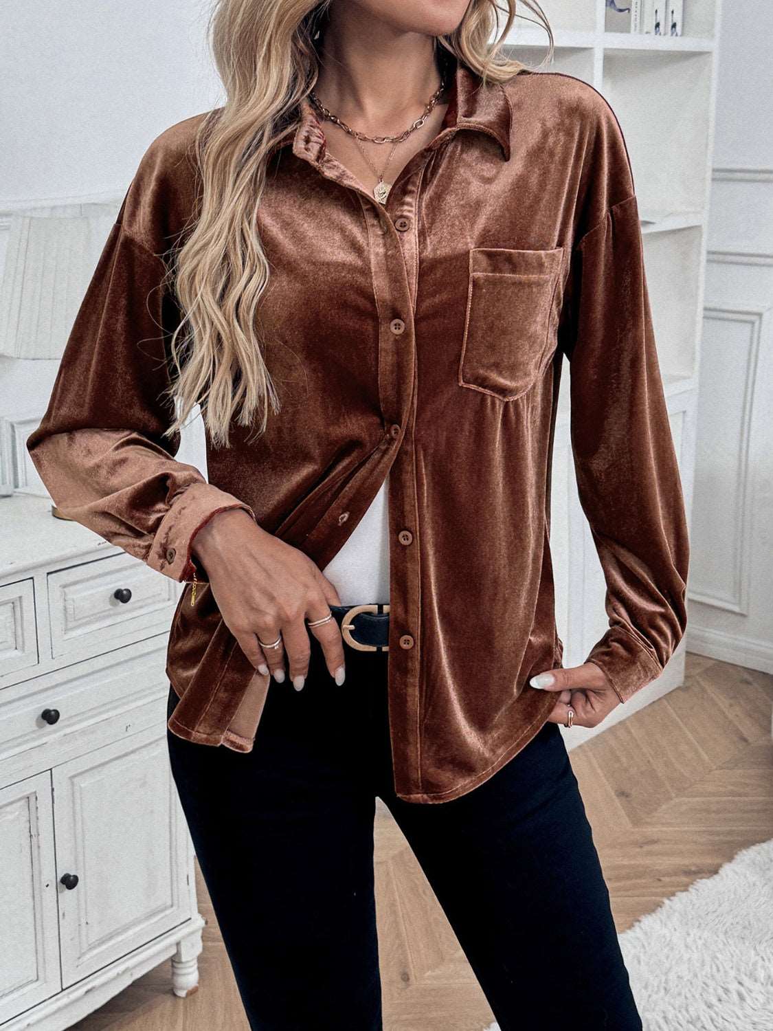 Velvet Button Up Long Sleeve Shirt - Brinxx Couture