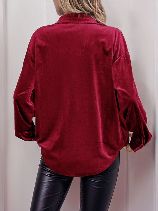 Velvet Button Up Long Sleeve Shirt - Brinxx Couture