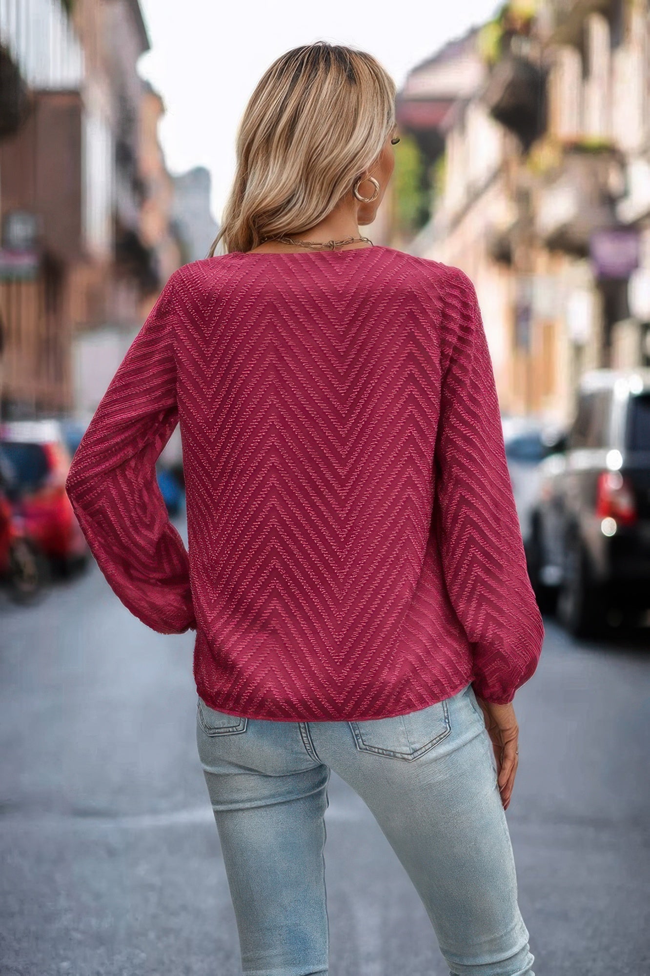 Chevron V Neck Long Sleeve Loose Top - Brinxx Couture