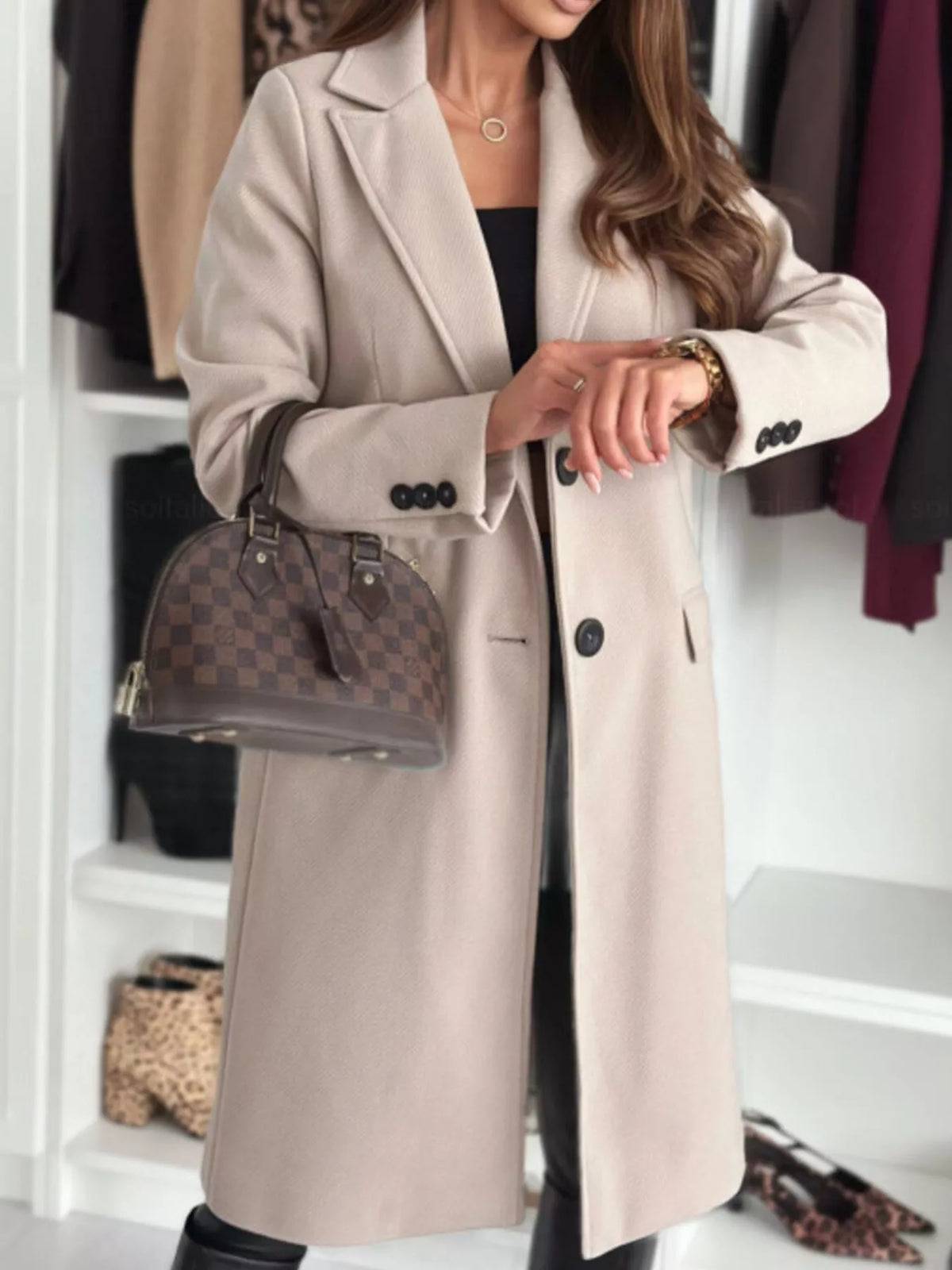 Lapel Collar Long Sleeve Coat - Brinxx Couture