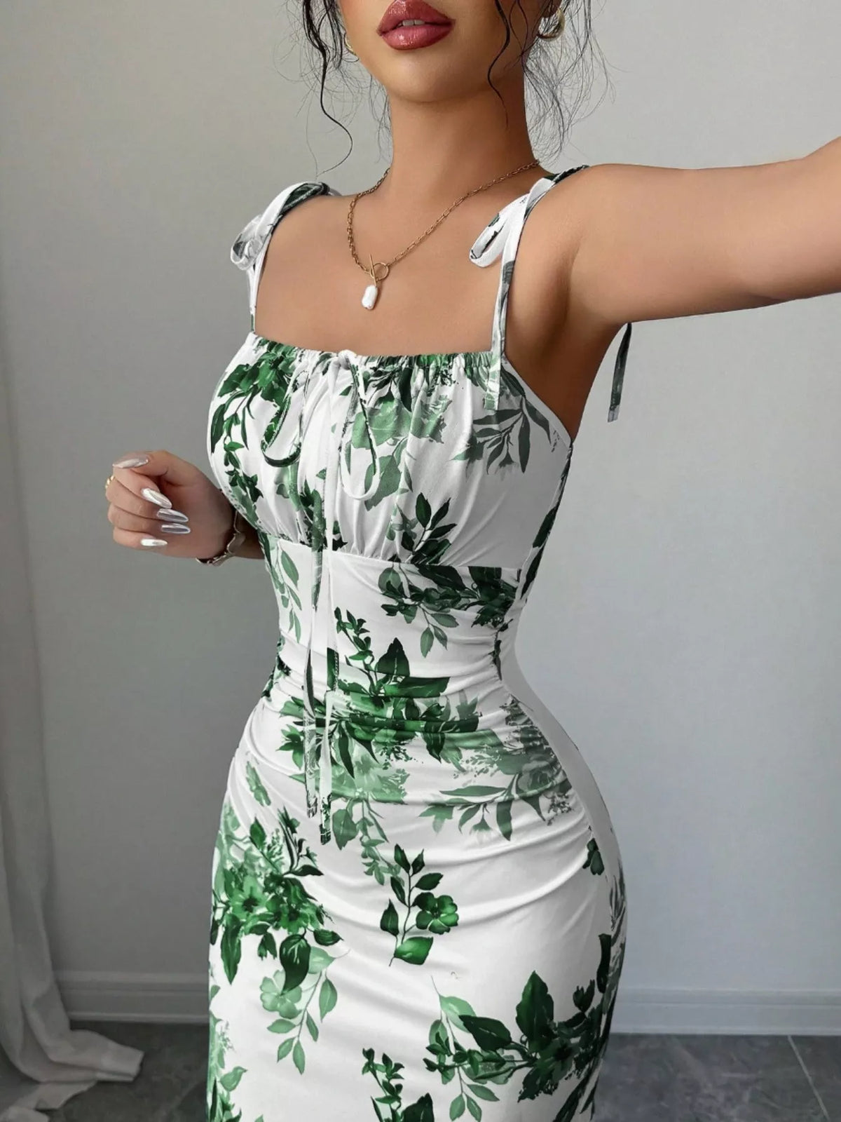 Printed Tie Strap Slit Maxi Dress - Brinxx Couture