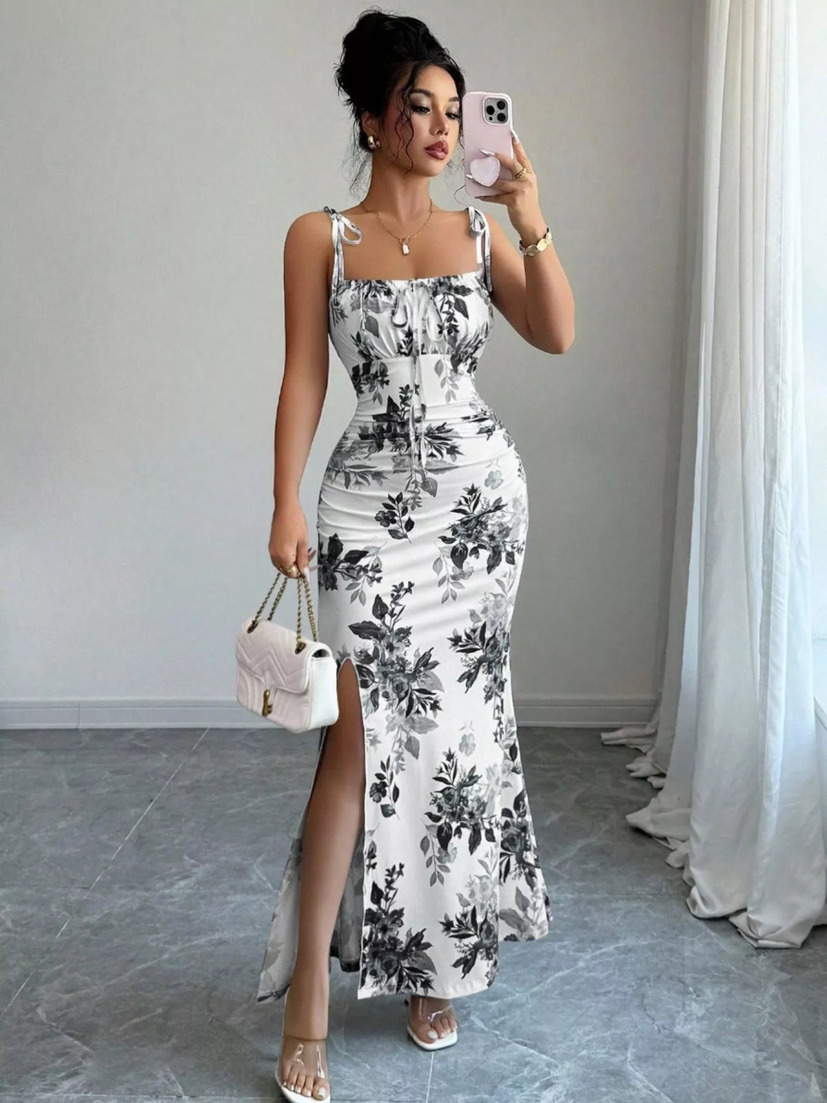 Printed Tie Strap Slit Maxi Dress - Brinxx Couture