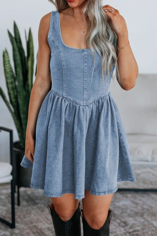 V-Back Bow Tie Denim Dress - Brinxx Couture