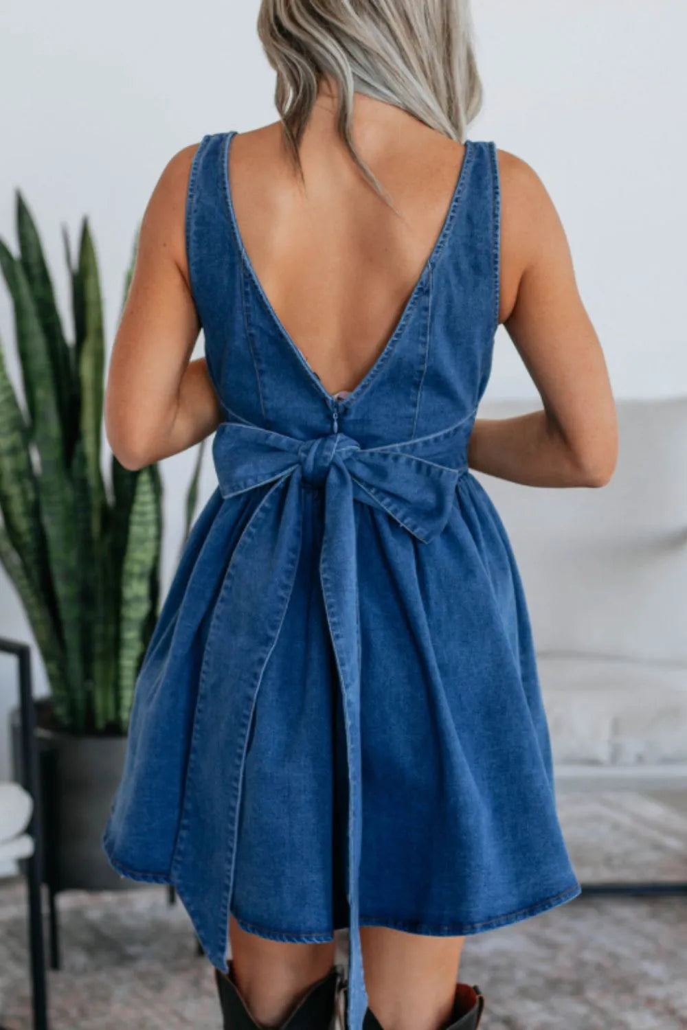 V-Back Bow Tie Denim Dress - Brinxx Couture