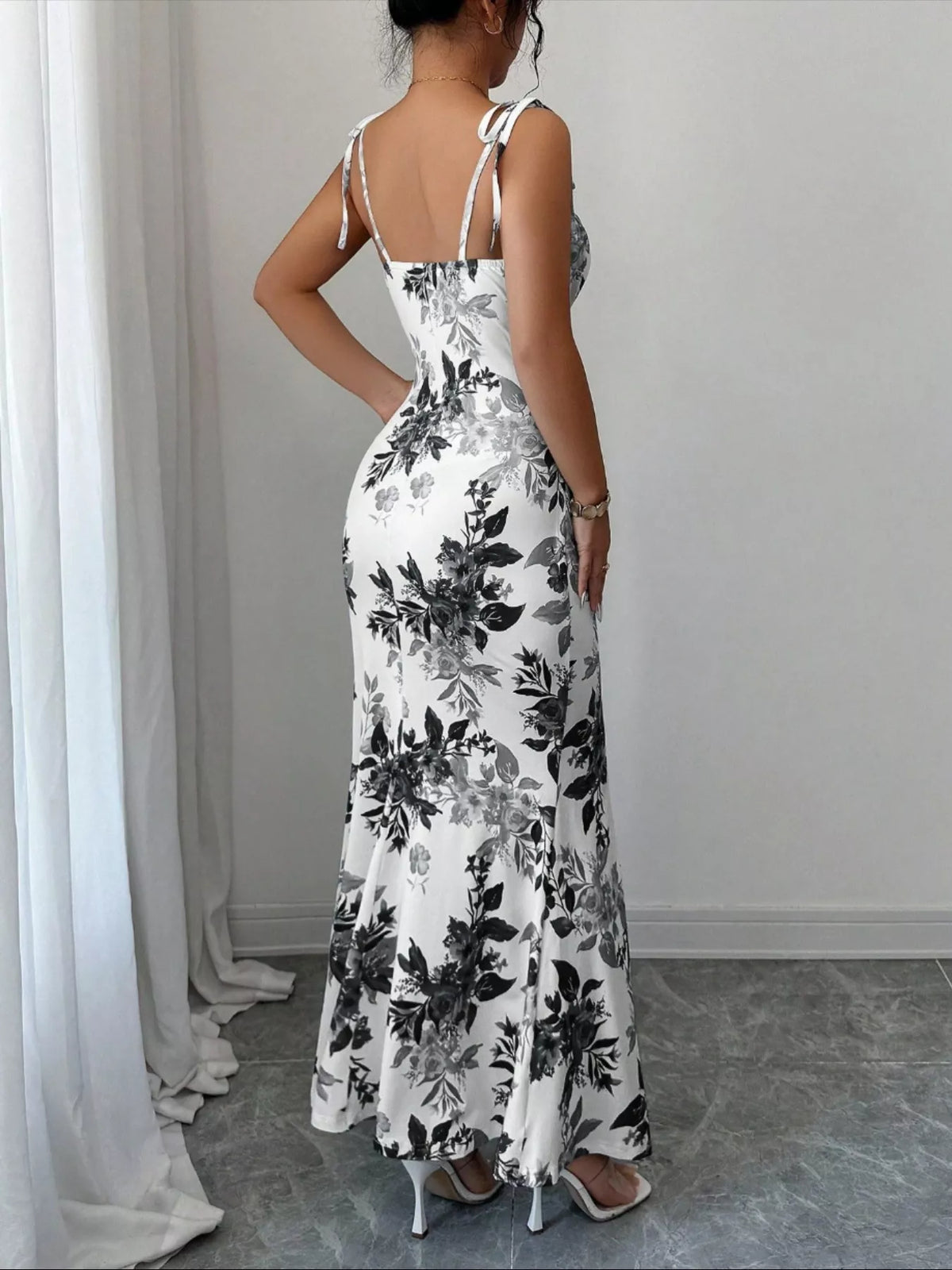 Printed Tie Strap Slit Maxi Dress - Brinxx Couture