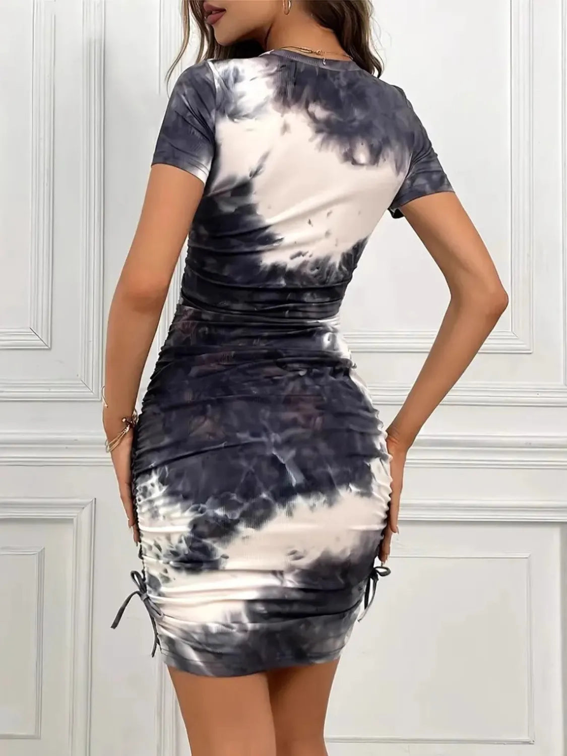 Drawstring Tie-Dye Round Neck Short Sleeve Dress - Brinxx Couture