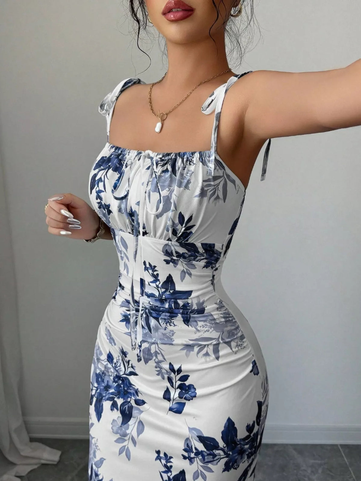 Printed Tie Strap Slit Maxi Dress - Brinxx Couture