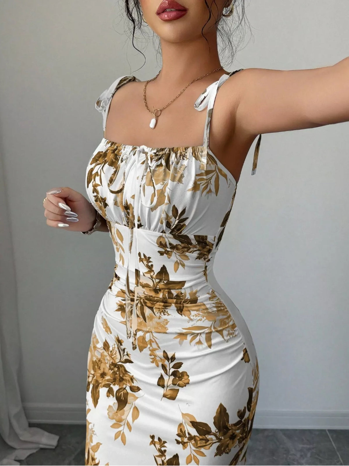 Printed Tie Strap Slit Maxi Dress - Brinxx Couture