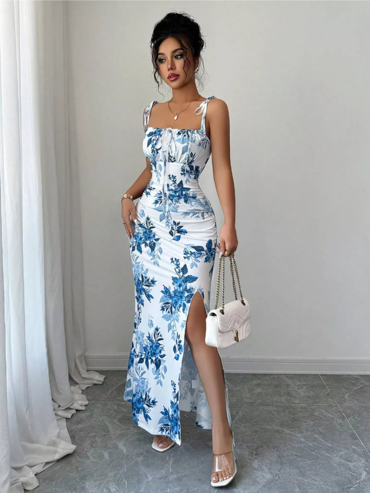 Printed Tie Strap Slit Maxi Dress - Brinxx Couture