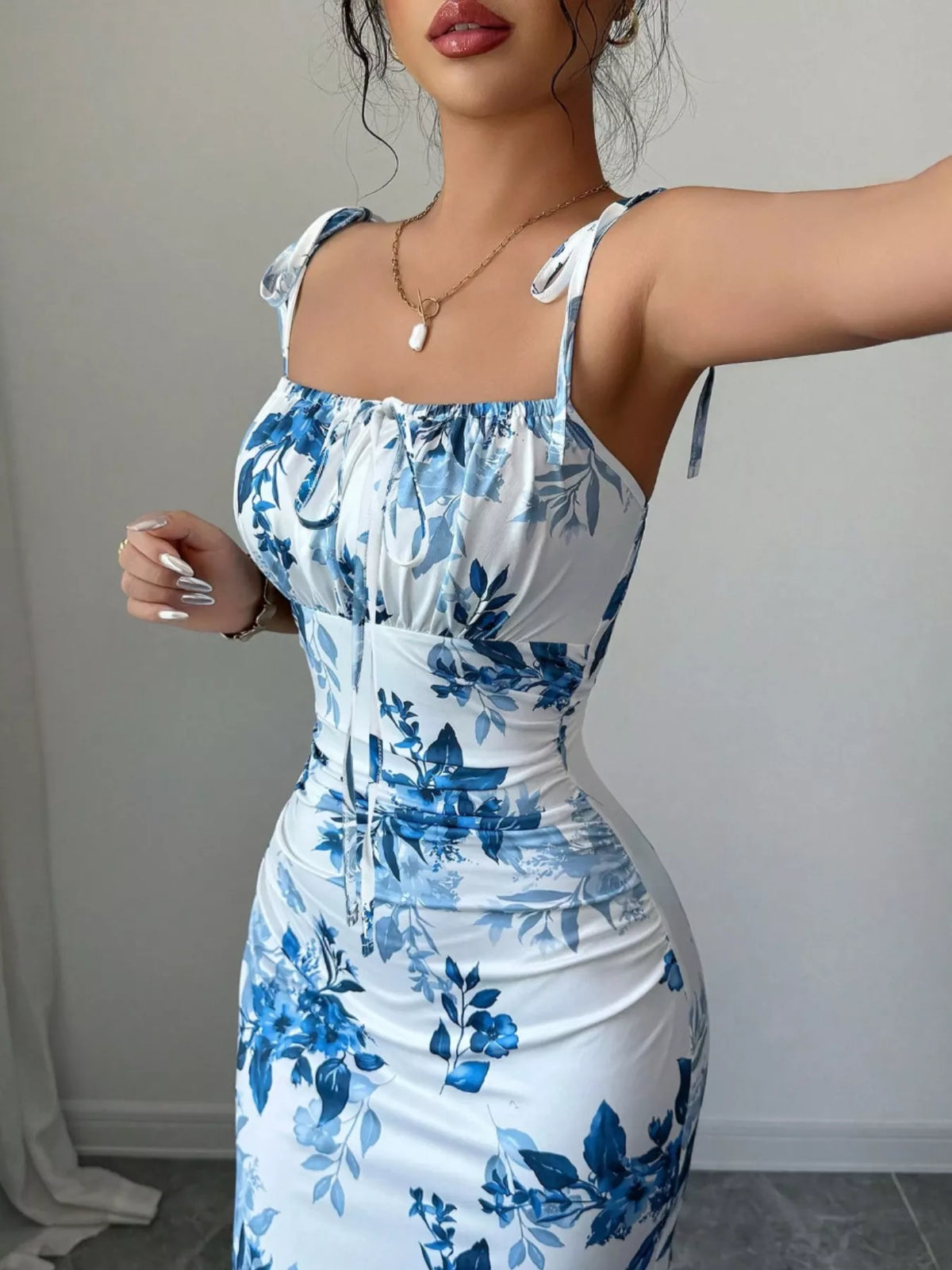 Printed Tie Strap Slit Maxi Dress - Brinxx Couture