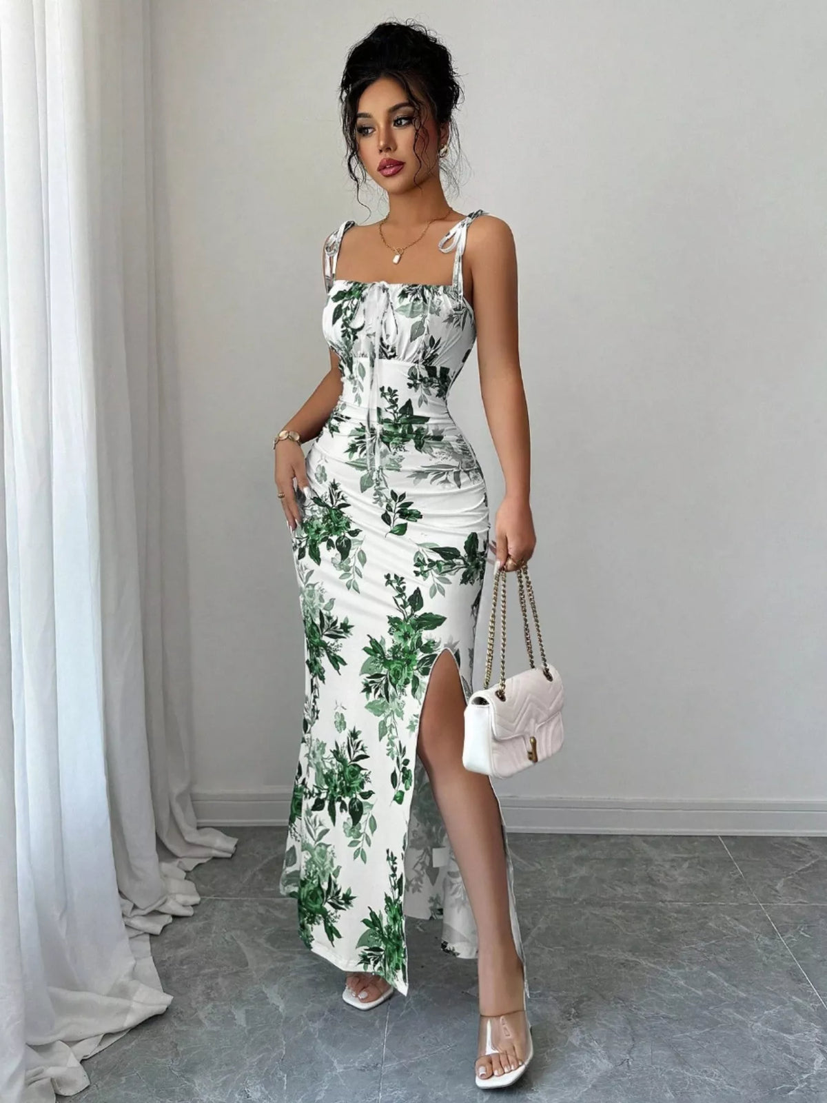 Printed Tie Strap Slit Maxi Dress - Brinxx Couture