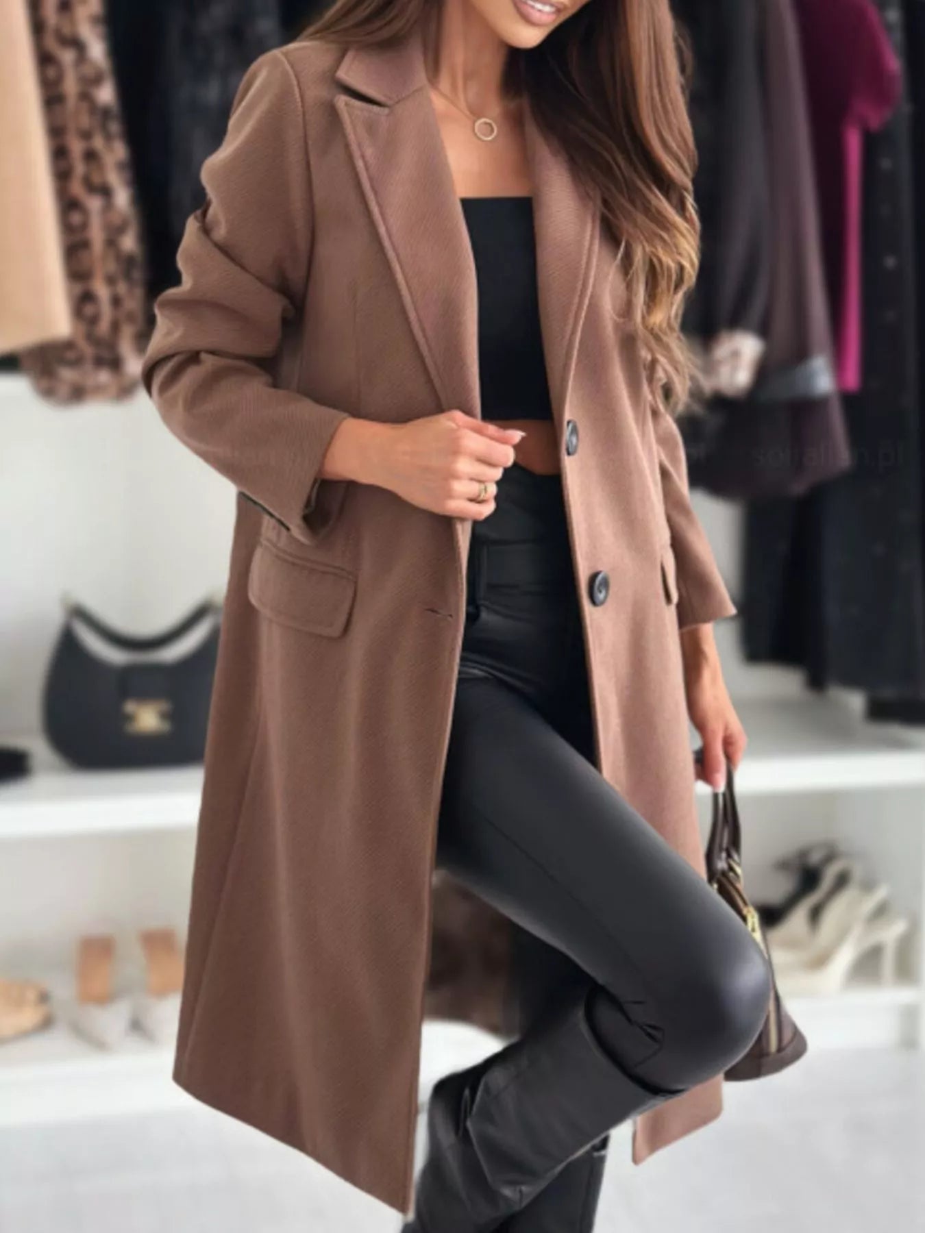 Lapel Collar Long Sleeve Coat - Brinxx Couture