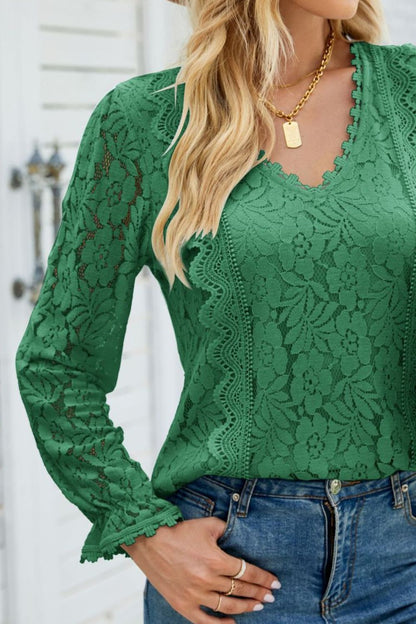V-Neck Flounce Sleeve Lace Top - Brinxx Couture