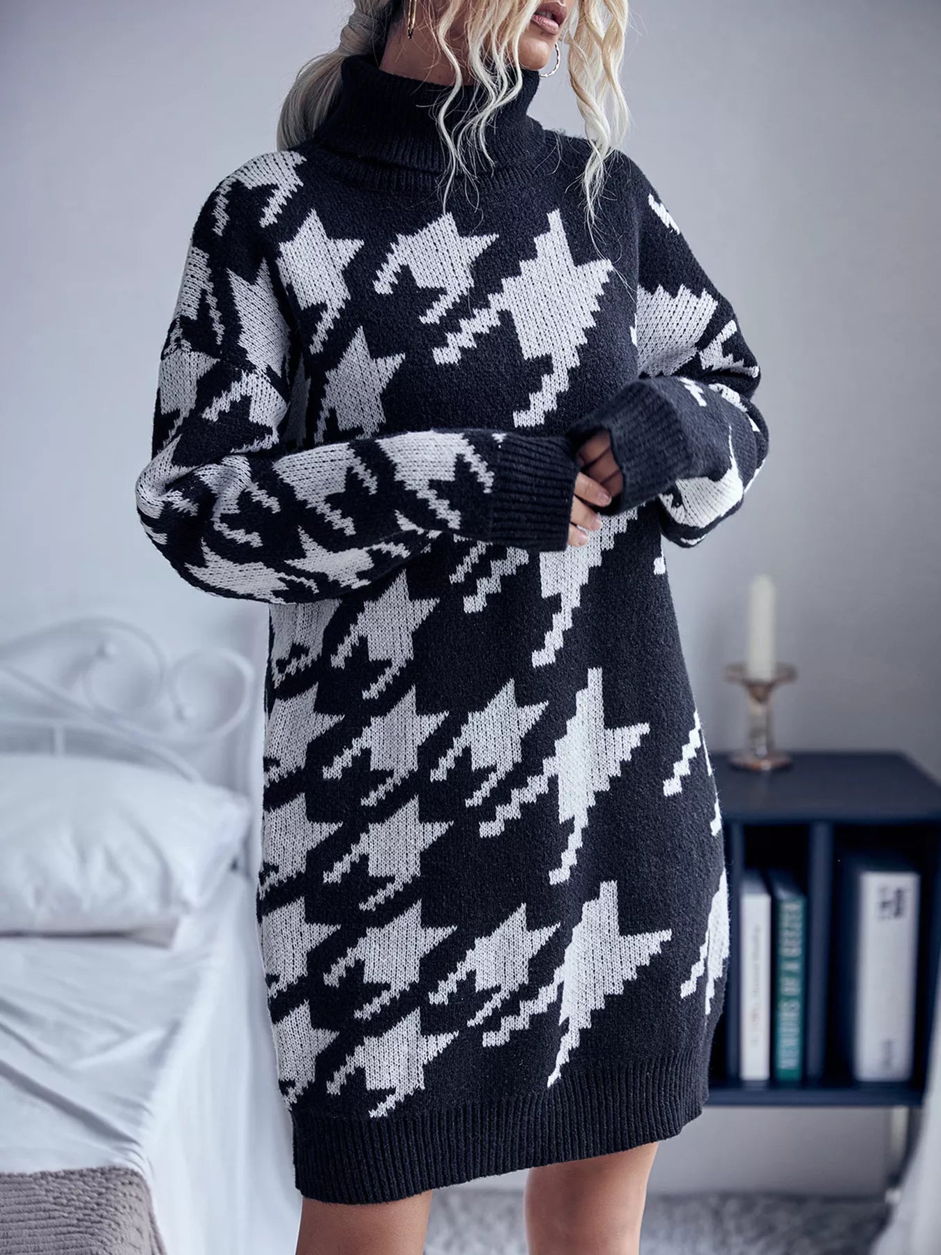 houndstooth sweater dress Raven Mini VICI Turtleneck / Side slits at hem / Houndstooth design Plus Size Houndstooth Bodycon Sweater