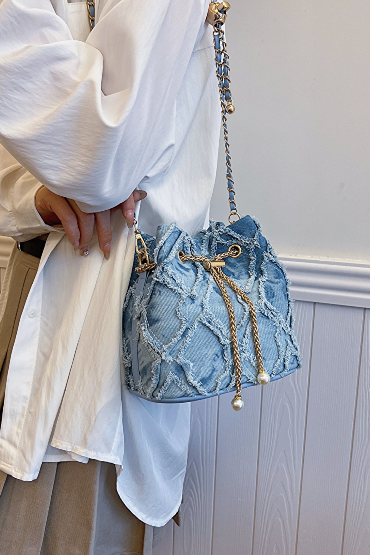 Chain Drawstring Raw Edge Denim Bucket Bag - Brinxx Couture