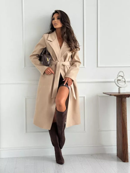 Tie Waist Longline Coat - Belted Elegance - Brinxx Couture