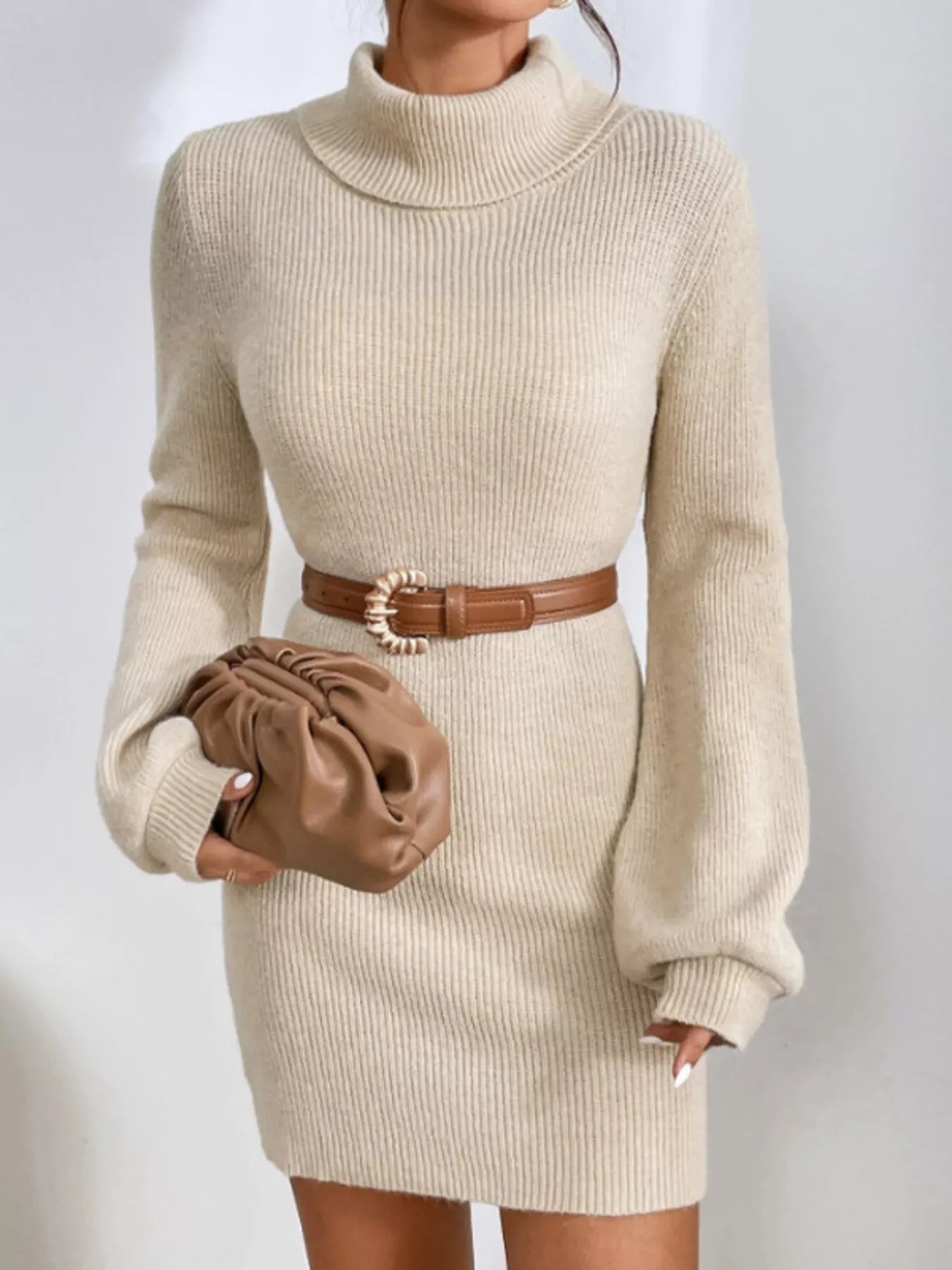 Turtleneck Ribbed Knit Sweater Dress - Cozy Chic - Brinxx Couture