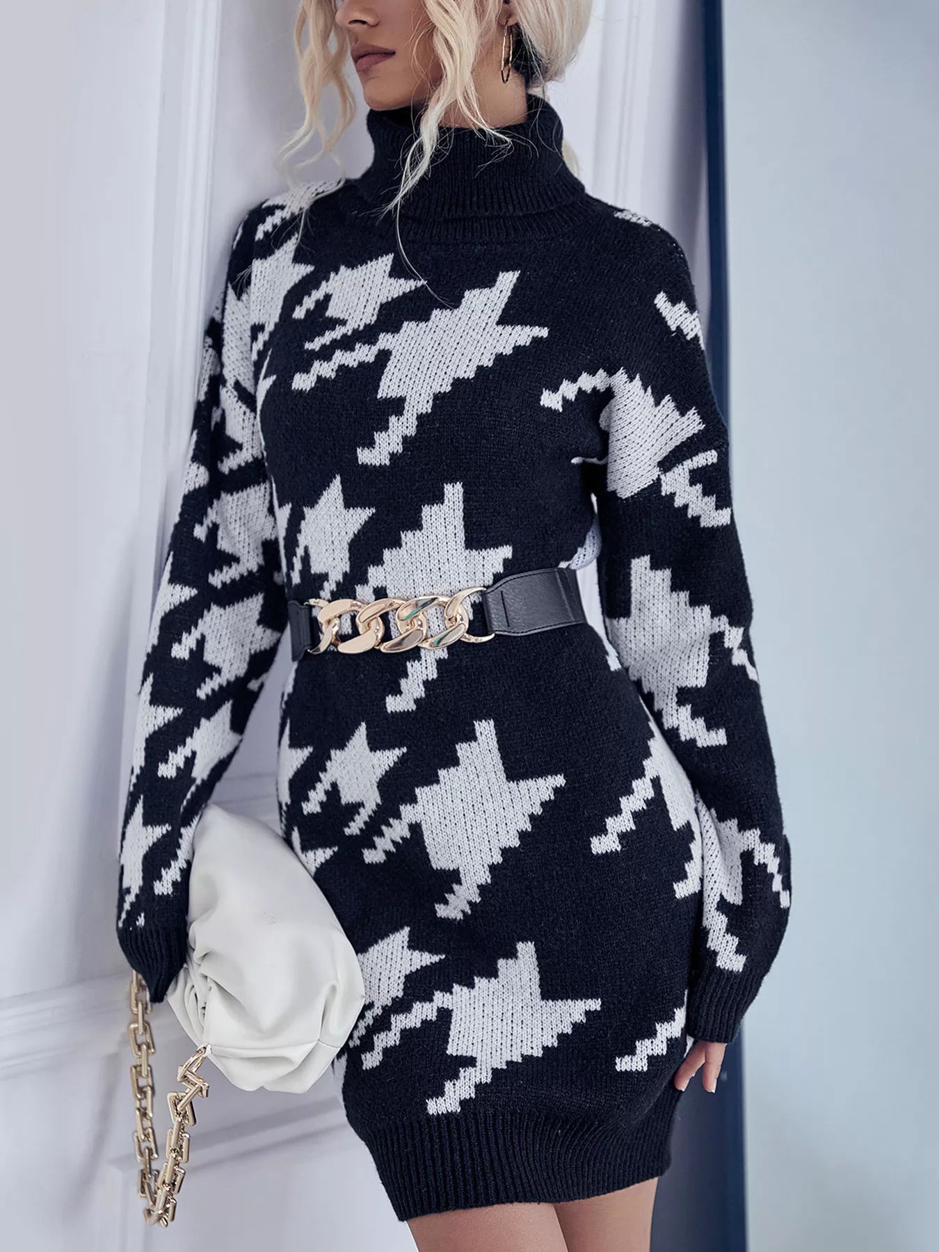 Houndstooth Turtleneck Sweater Dress - Classic Chic - Brinxx Couture