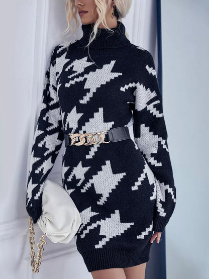 Houndstooth Turtleneck Sweater Dress - Classic Chic - Brinxx Couture