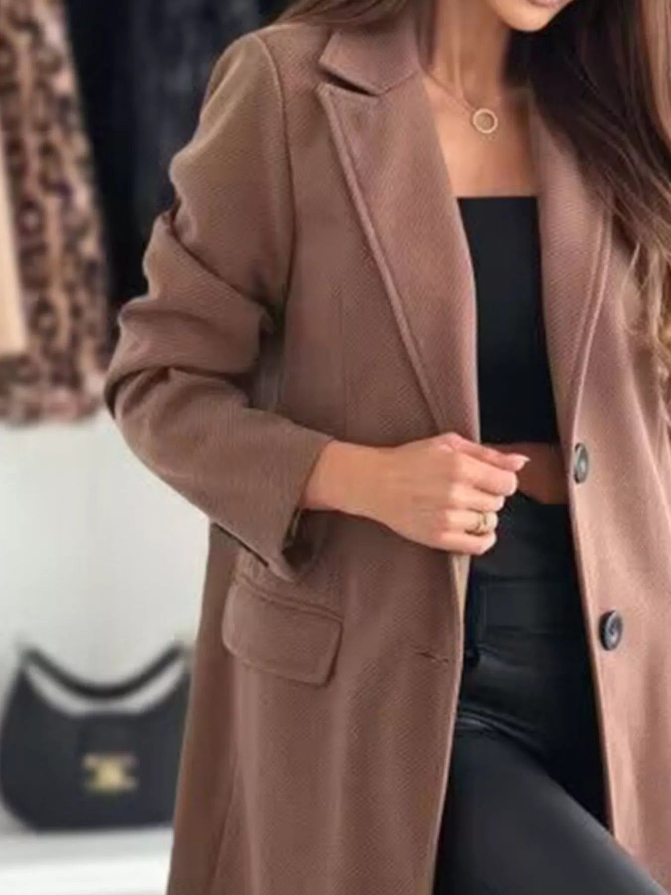 Lapel Collar Long Sleeve Coat - Brinxx Couture