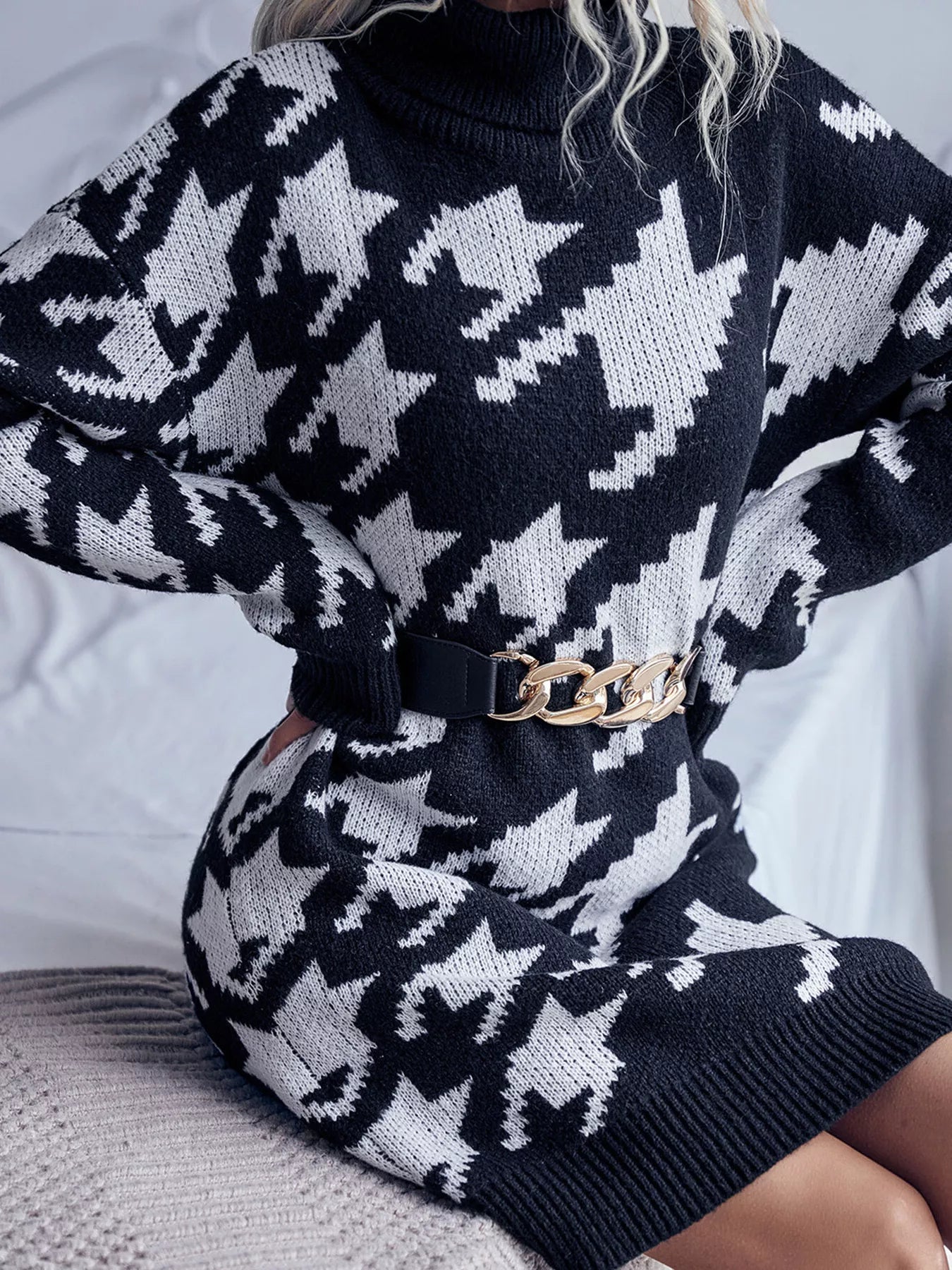 Houndstooth Turtleneck Sweater Dress - Classic Chic - Brinxx Couture