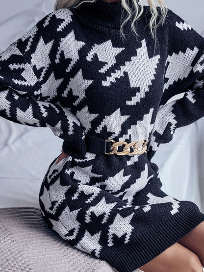 Houndstooth Turtleneck Sweater Dress - Classic Chic - Brinxx Couture