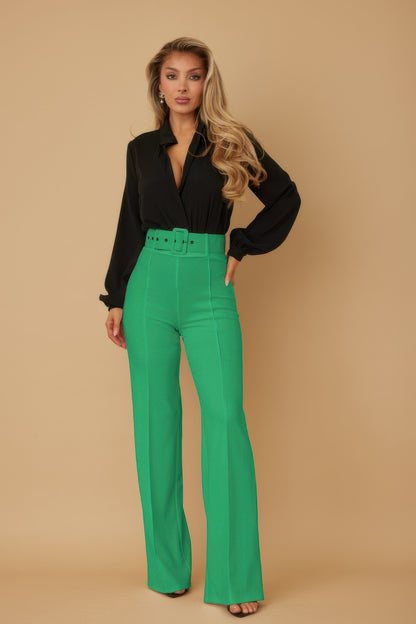 High Waist Buckle Belt Pants - Women's Slim Fit Pants - Brinxx Couture