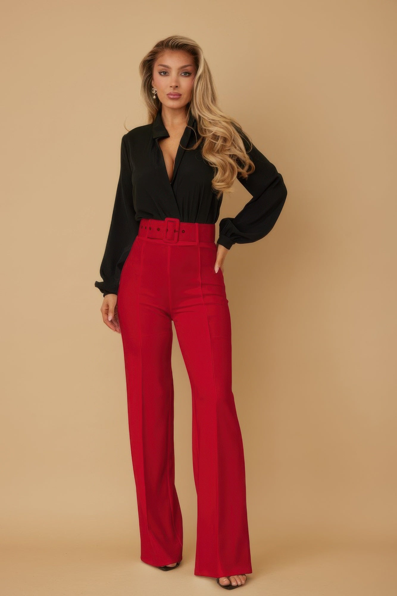 High Waist Buckle Belt Pants - Women's Slim Fit Pants - Brinxx Couture