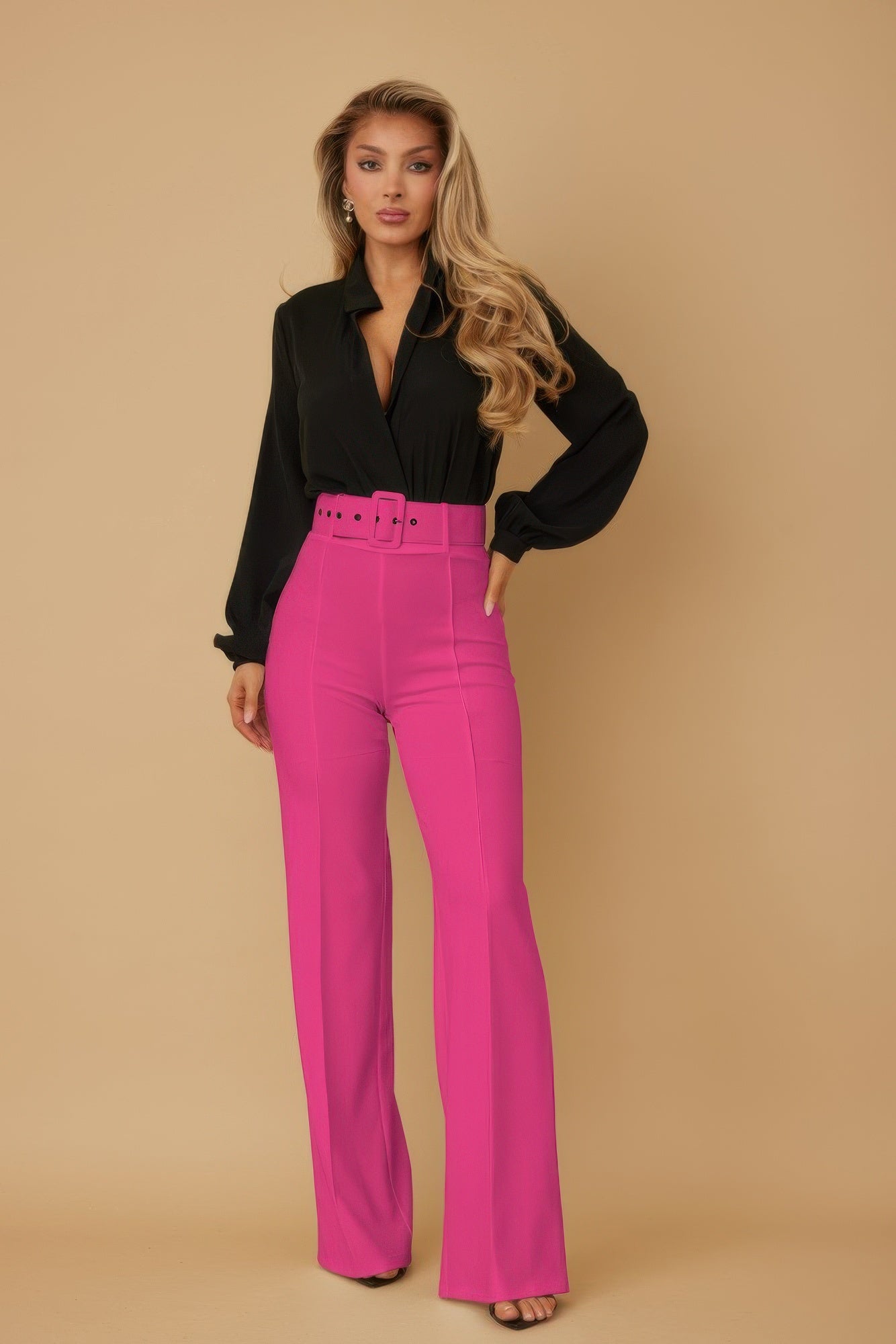 High Waist Buckle Belt Pants - Women's Slim Fit Pants - Brinxx Couture