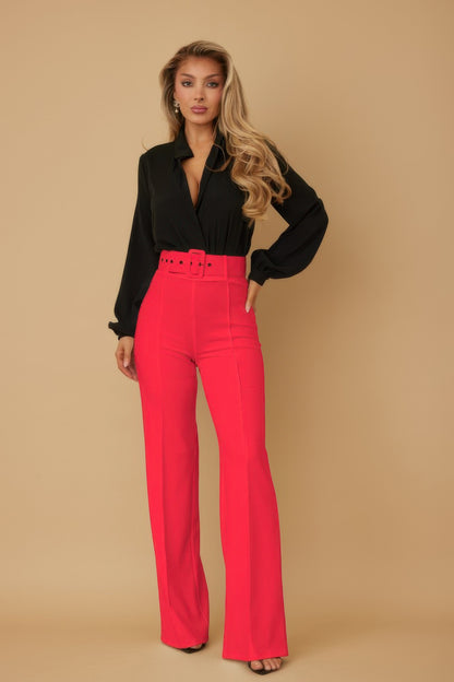 High Waist Buckle Belt Pants - Women's Slim Fit Pants - Brinxx Couture