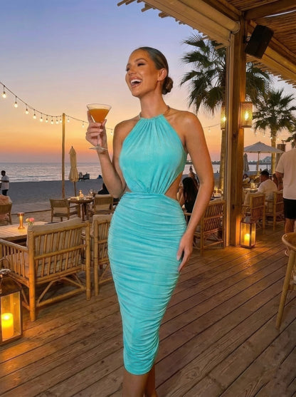 Bodycon Midi Dress, Gold Tone Is Visible At Neck - Brinxx Couture