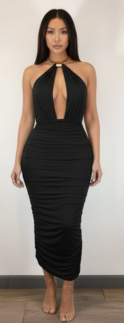 Strapless Necklace Detail Open Back Midi Dress - Brinxx Couture