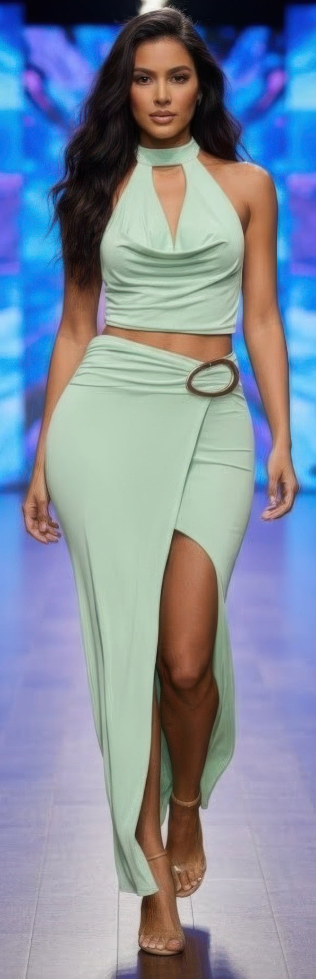 Halter Cowl Neck Scarf Top Oval Ring Skirt Set - Brinxx Couture