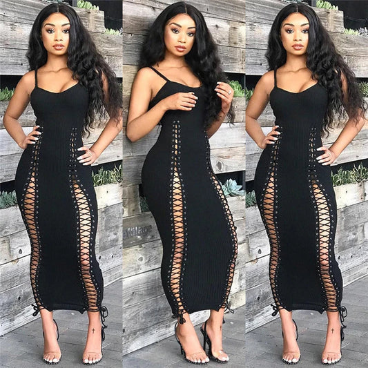 Spaghetti Strap Lace Up Black Dress - Brinxx Couture