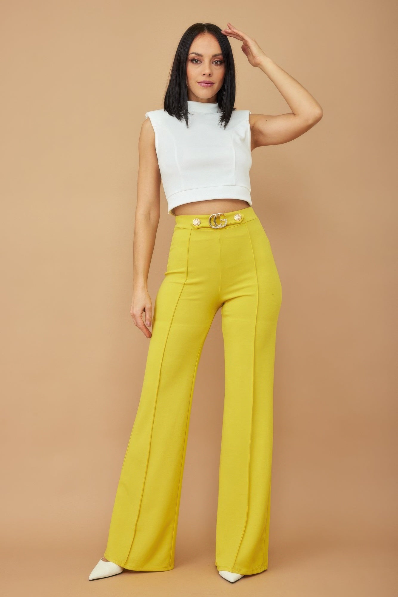 Letter Buckle And Button Detail Pants - Brinxx Couture