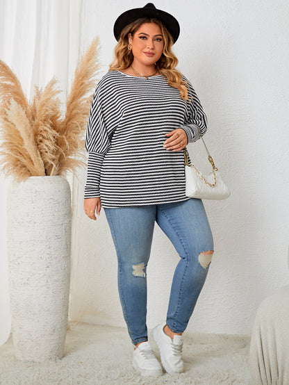 Plus Size Striped Knitwear Top - Casual Long Sleeve Crew Neck - Brinxx Couture