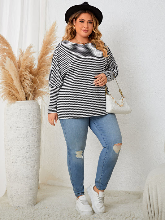 Plus Size Striped Knitwear Top - Casual Long Sleeve Crew Neck - Brinxx Couture