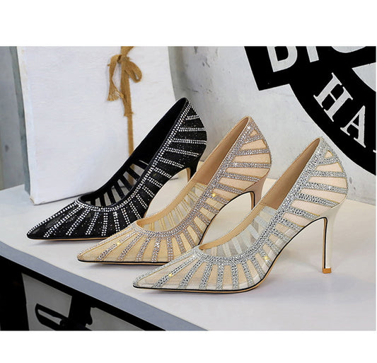 Rhinestone Mesh Pointed Toe Stiletto Heels - Elegant - Brinxx Couture