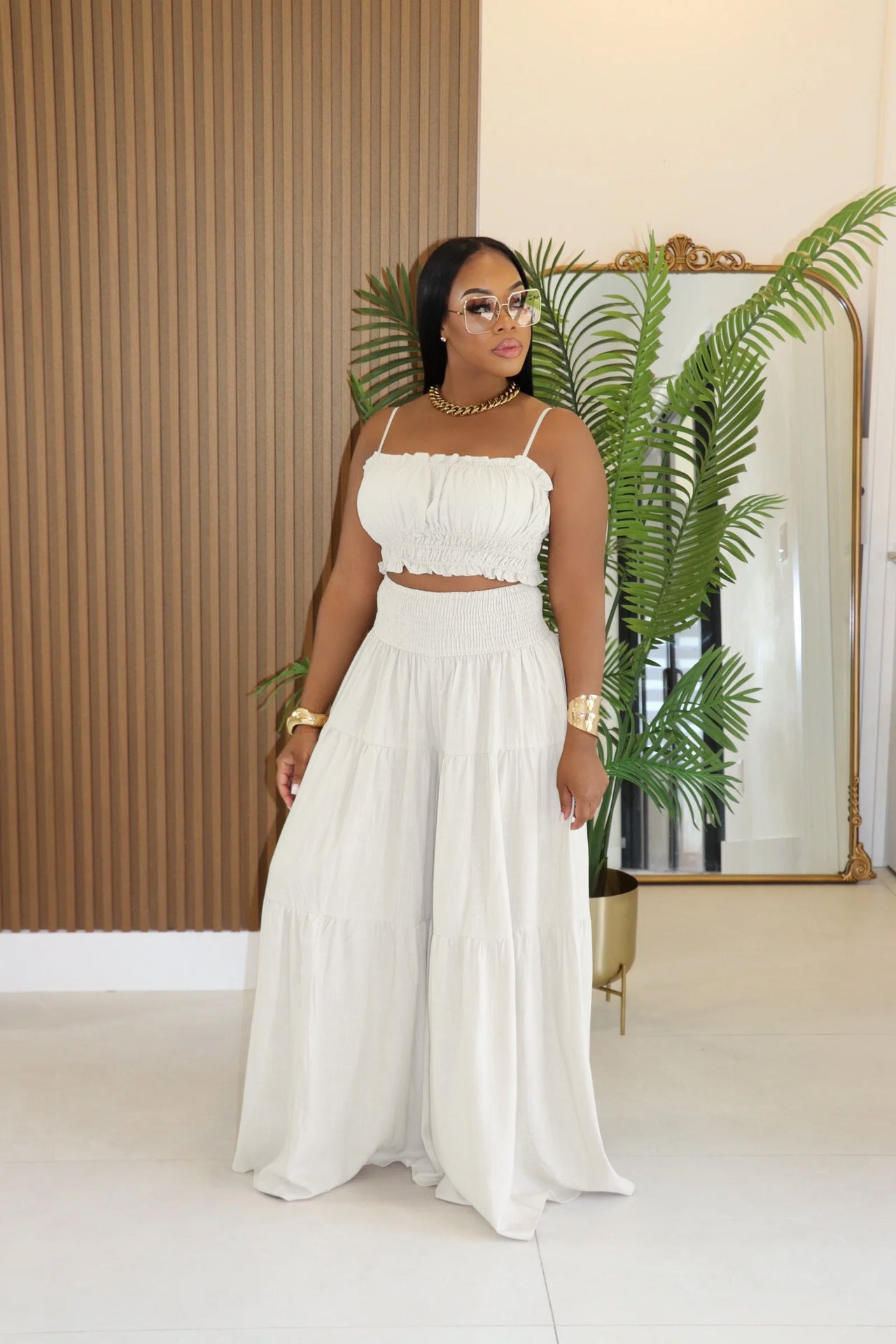 Spaghetti Strap Two Piece Wide Leg Pants Set - Brinxx Couture