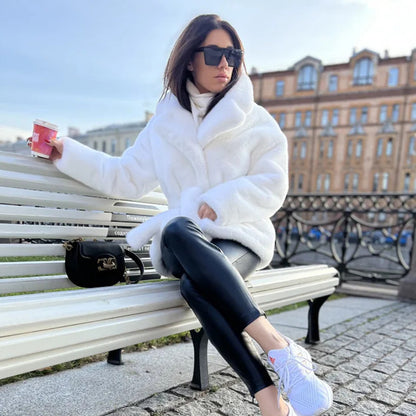 White Plush Faux Fur Belted Coat - Brinxx Couture