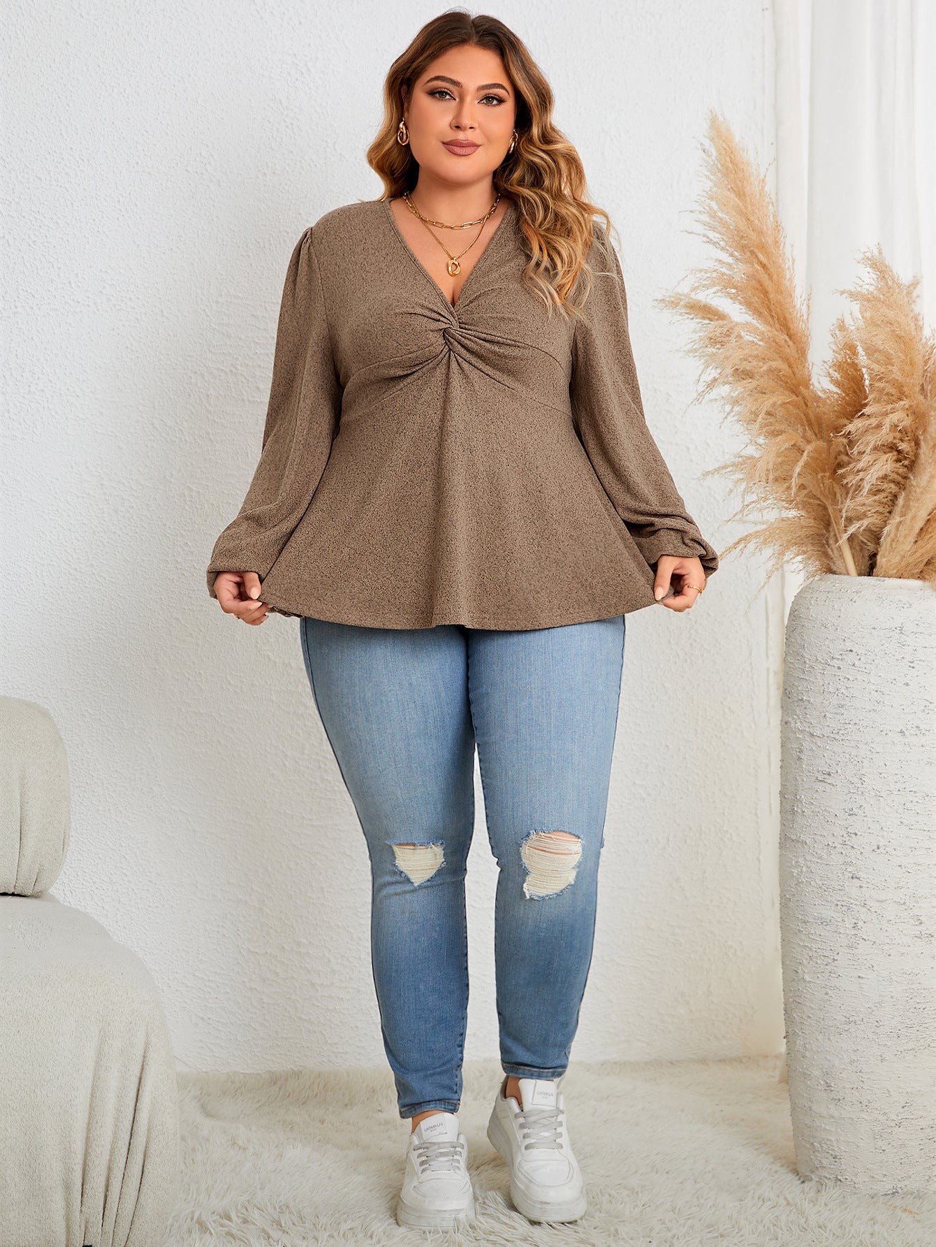 Plus Size Solid V-Neck Long Sleeve Casual Top - Comfortable Everyday Wear - Brinxx Couture