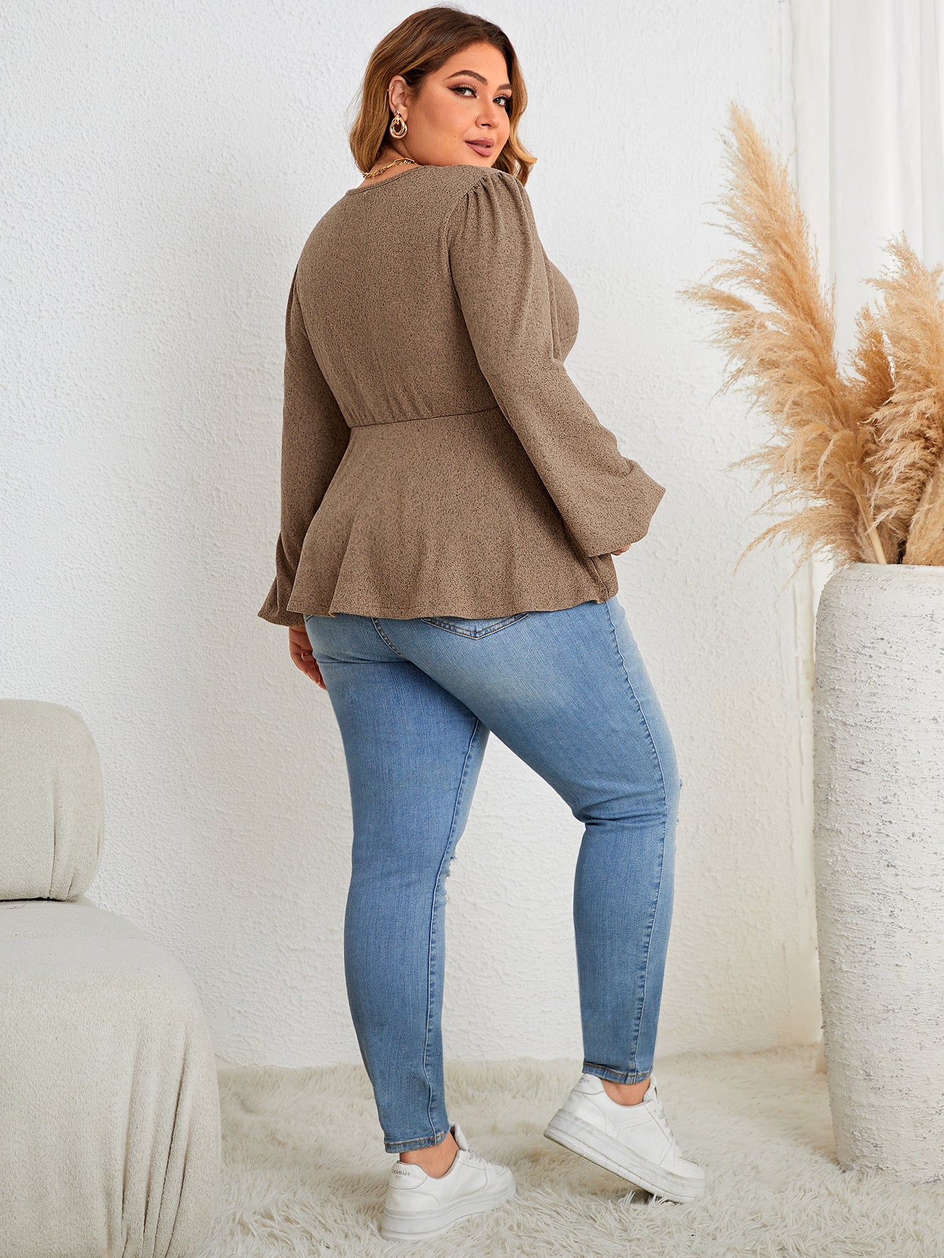Plus Size Solid V-Neck Long Sleeve Casual Top - Comfortable Everyday Wear - Brinxx Couture