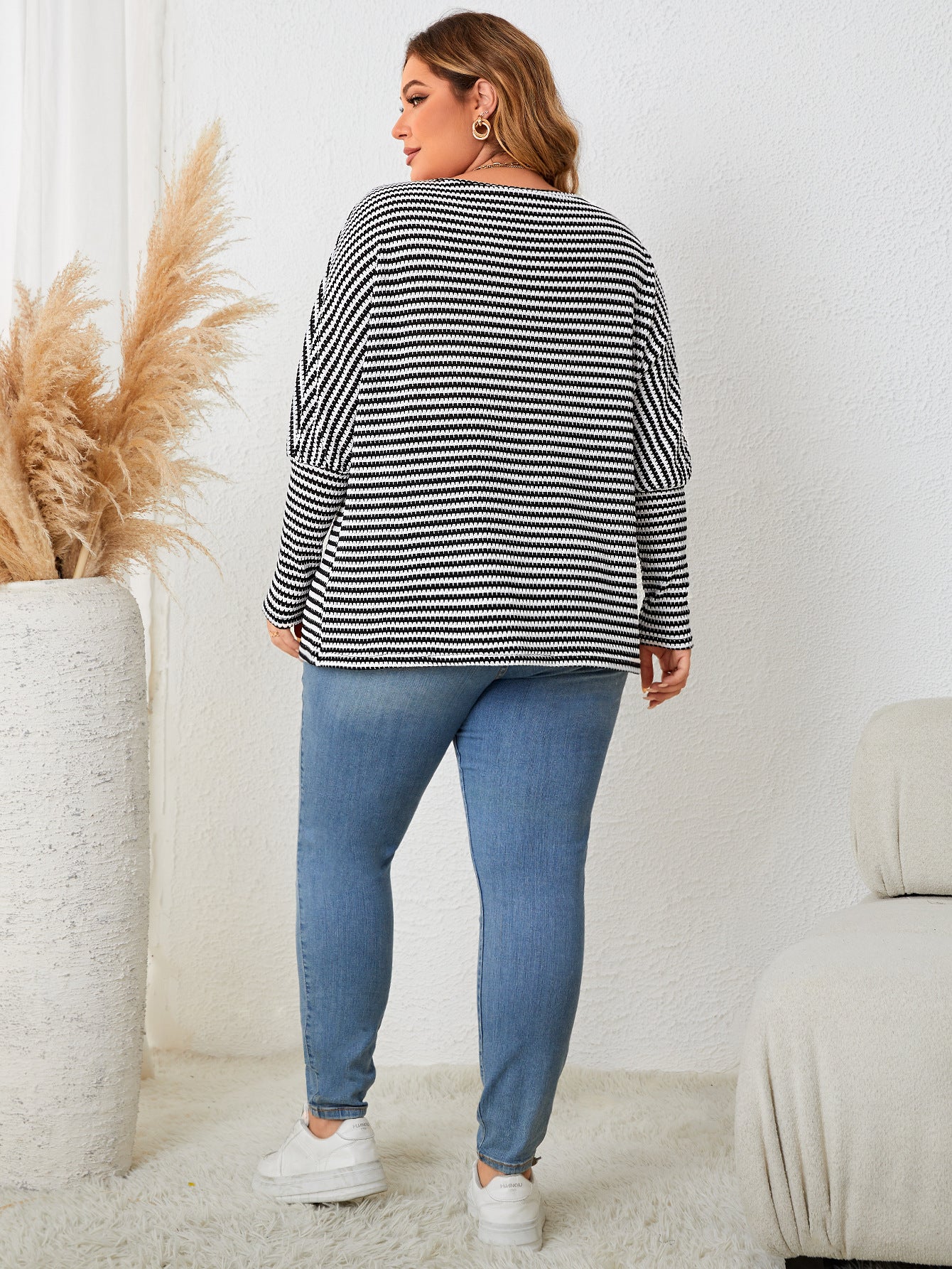 Plus Size Striped Knitwear Top - Casual Long Sleeve Crew Neck - Brinxx Couture