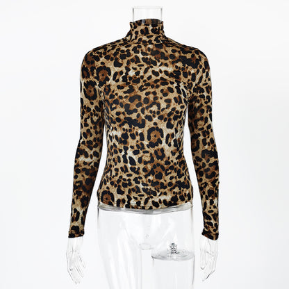 Leopard Print Long Sleeve Bodysuit - High Neck Slim Fit - Brinxx Couture